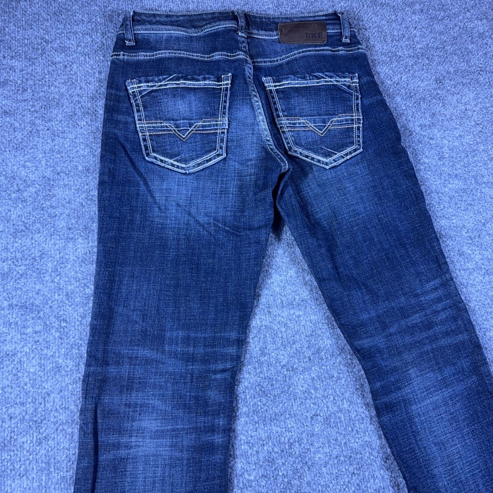 BKE Alec Straight Leg Jeans Mens 30R Dark Wash Whiskered Denim Buckle